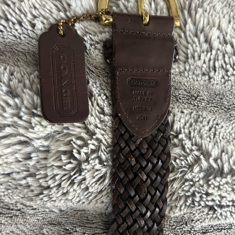 Coach Dark Brown Braided Leather Belt with Gold Buckle